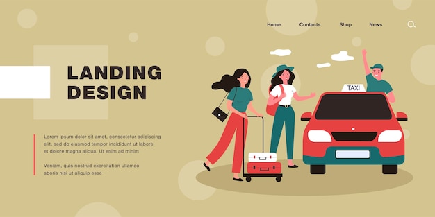 Cartoon taxi driver greeting female passengers. Women with luggage getting into cab flat vector illustration. Taxi service, traveling, transportation concept for banner, website design or landing page