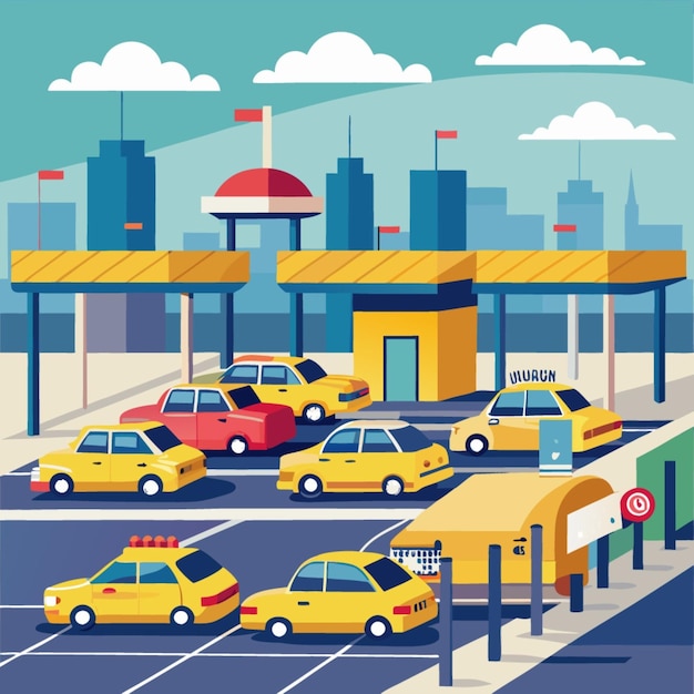 a cartoon of taxis in a parking lot with a sign that says taxi on it