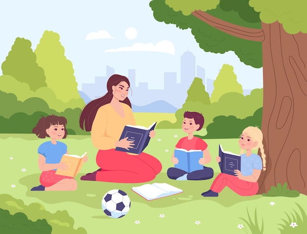 Cartoon teacher reading book to children in park