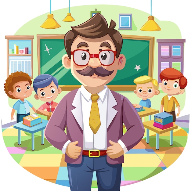 Cartoon teacher smiling at his students in a classroom