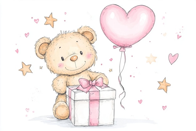 Cartoon Teddy Bear with Pink Balloon