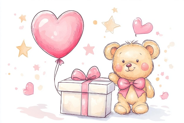 Cartoon Teddy Bear with Pink Balloon