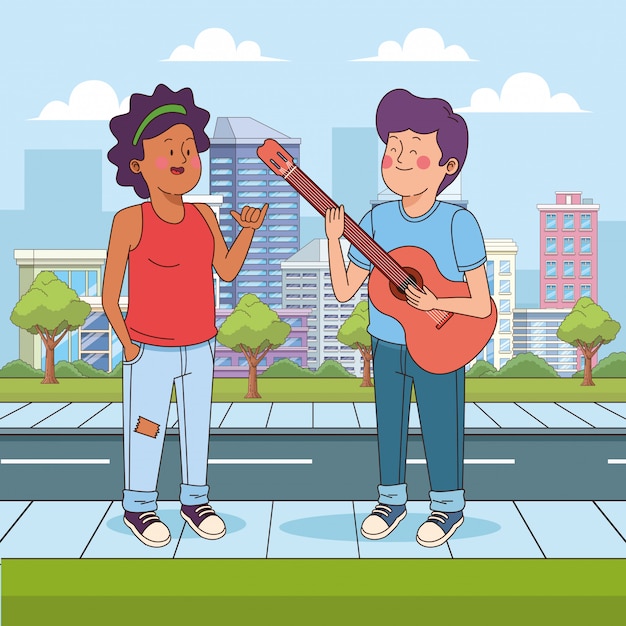 Cartoon teen boy with a guitar and girl in the street