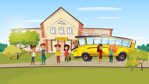 Vector cartoon teen kids pupil standing near school bus after lessons