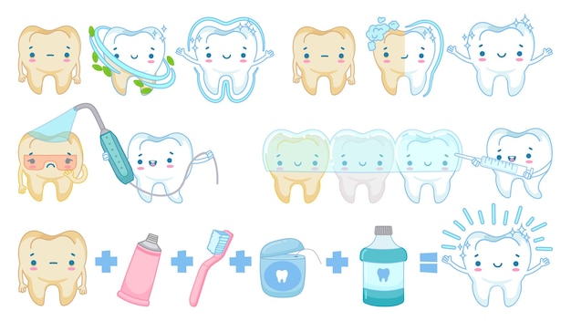 Cartoon teeth whitening. White clean tooth mascot, tooth brushing and sad yellow teeth illustration set.