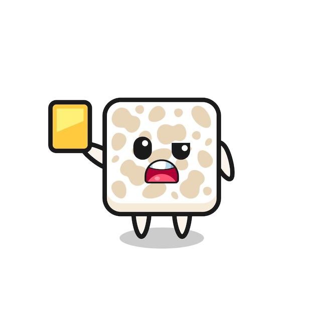 Cartoon tempeh character as a football referee giving a yellow card