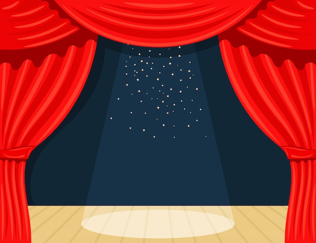 Cartoon theater. Theater curtain with spotlights beam and stars. Open theater curtain. Red silk side scenes on stage