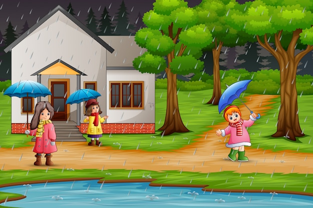 Cartoon three girl carrying umbrella