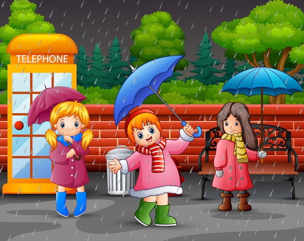 Cartoon three girl carrying umbrella