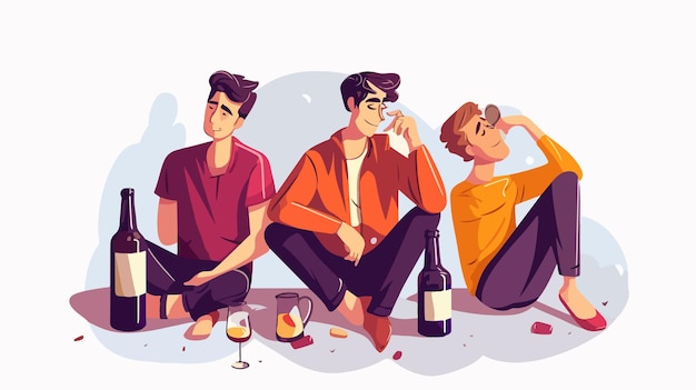 Vector a cartoon of three men sitting on the ground with a bottle of wine