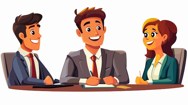 Vector a cartoon of three people sitting at a table with a man in a suit and tie