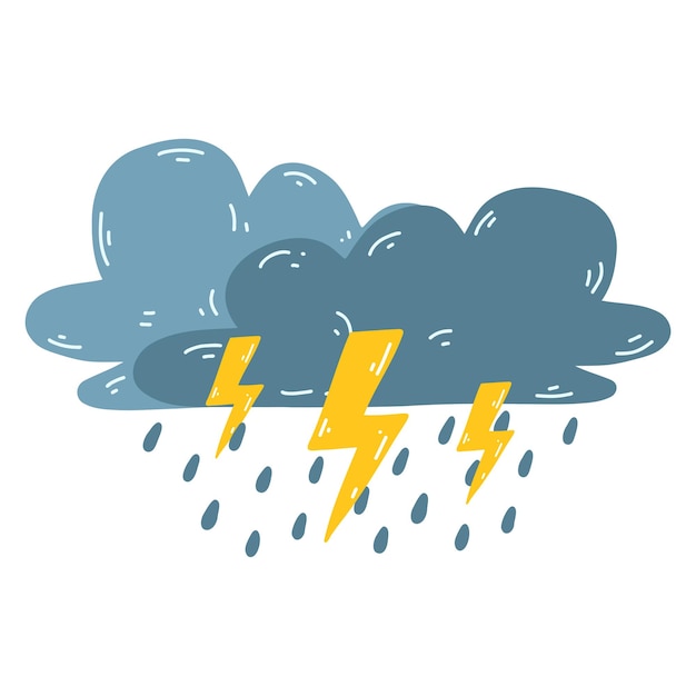 Cartoon thundercloud with lightning and rain Vector illustration of overcast weather natural phenomena