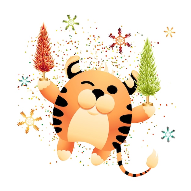 Cartoon tiger holding small Christmas tree and color snowflakes Festive symbol of Chinese New Year