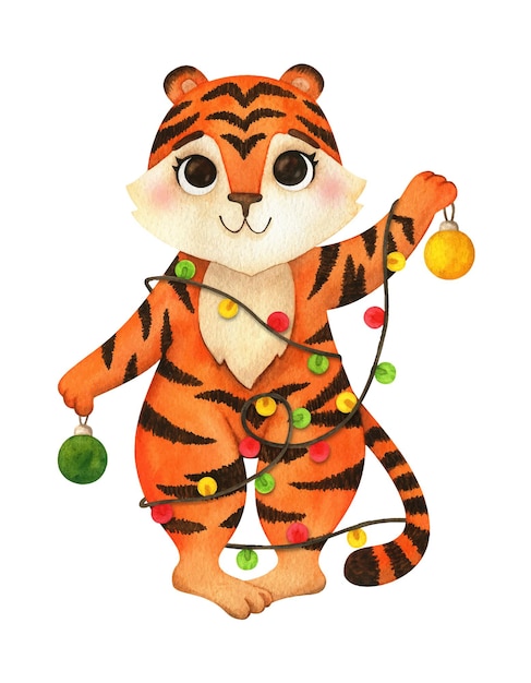 A cartoon tiger is entangled in a Christmas garland. Animal for the New Year's print of 2022