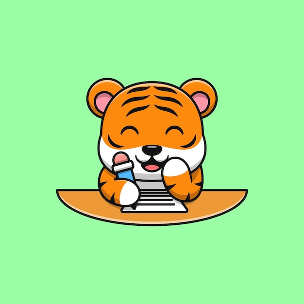 Cartoon tiger learning to write Flat cartoon style