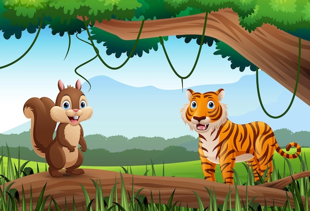 Cartoon tiger and squirrel in the jungle