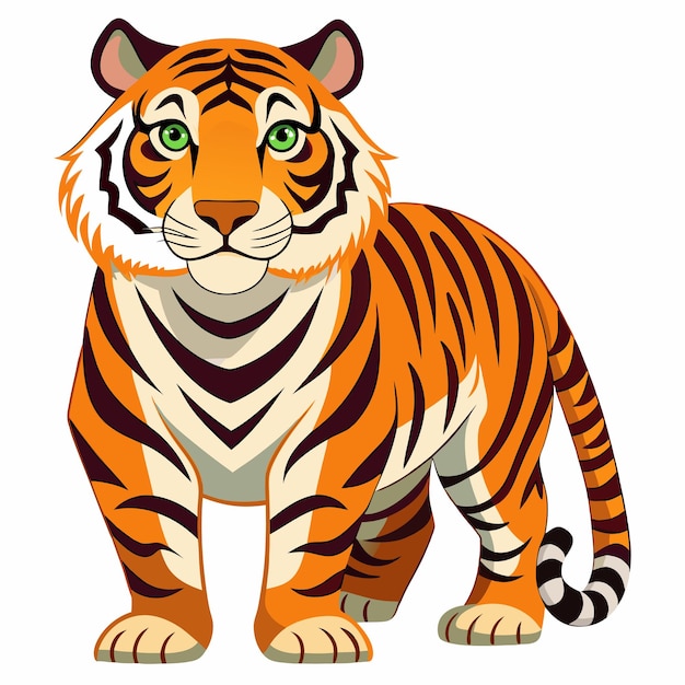 A Cartoon Tiger with Orange and Black Stripes Standing Against a White Background