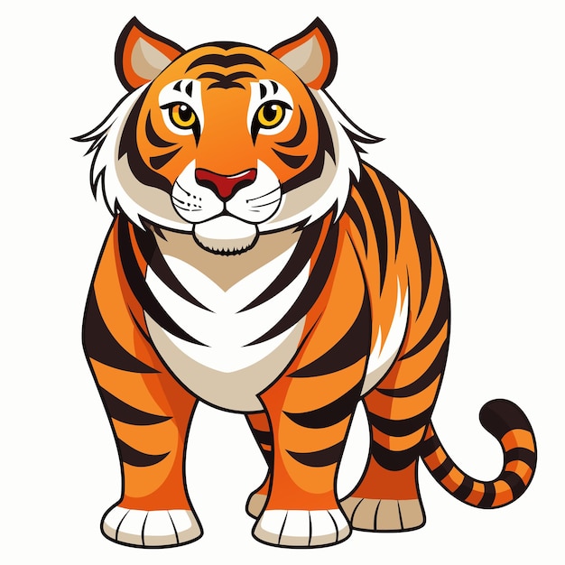 A Cartoon Tiger with Orange and Black Stripes Standing on White Background