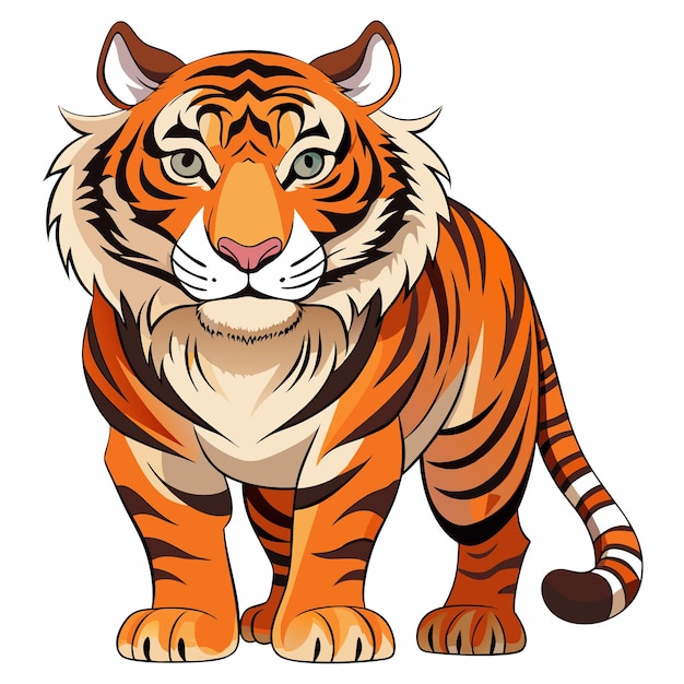 Cartoon Tiger with Orange and Black Stripes Standing on White Background