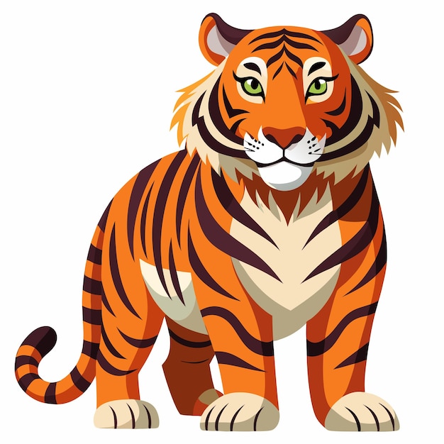 Cartoon Tiger with Orange and Black Stripes Standing on a White Background