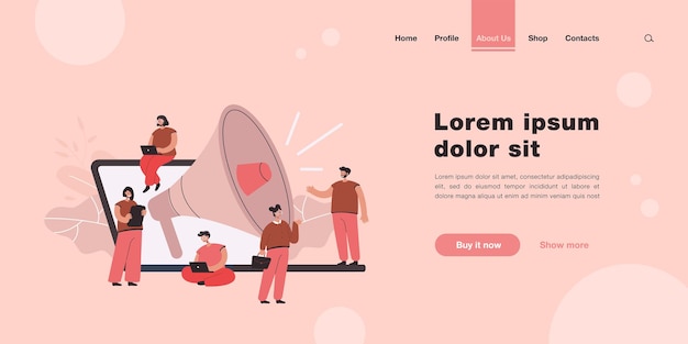 Cartoon tiny managers with giant loudspeaker and laptop landing page in flat style