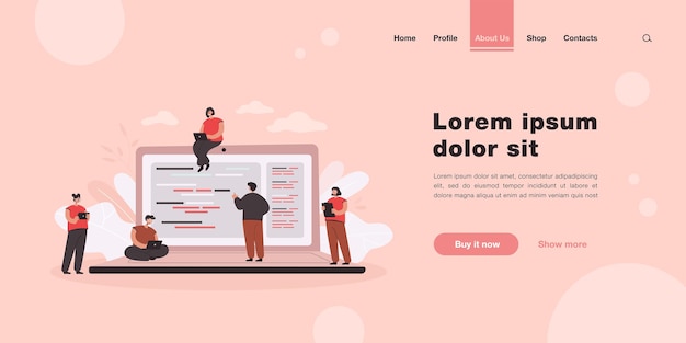 Cartoon tiny young programmers and coders working with computers landing page in flat style