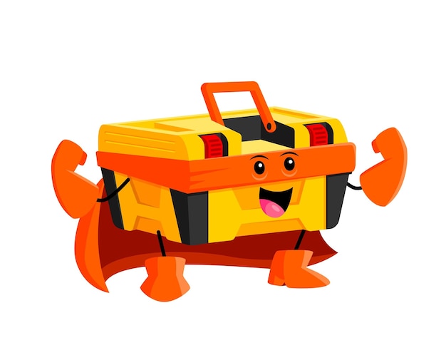 Cartoon toolbox superhero character Isolated vector lively super hero personage with a charismatic smile and dynamic pose ready to tackle any diy challenge with a variety of helpful tools inside