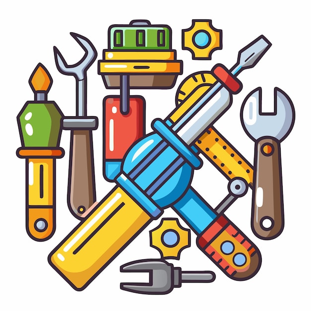 Cartoon tools including a screwdriver wrench and pliers in a circle