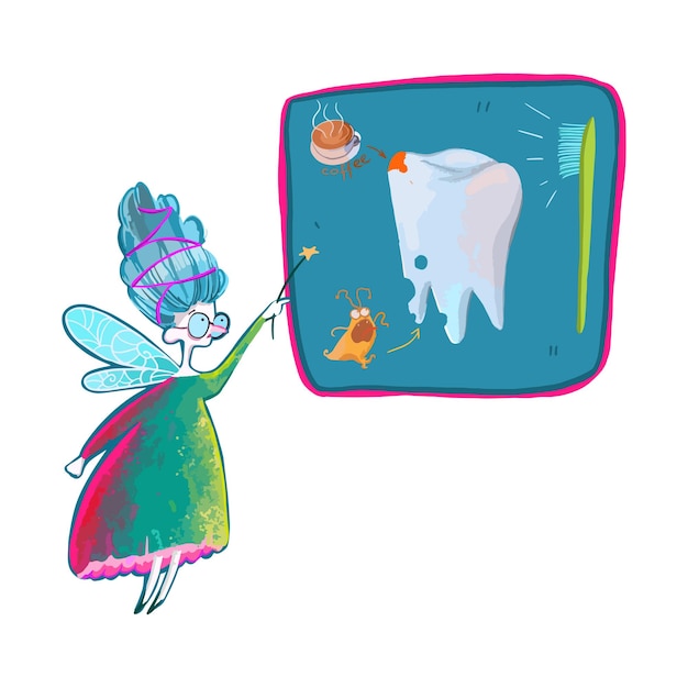 Cartoon tooth fairy A board with an image of what harms teeth and what benefits