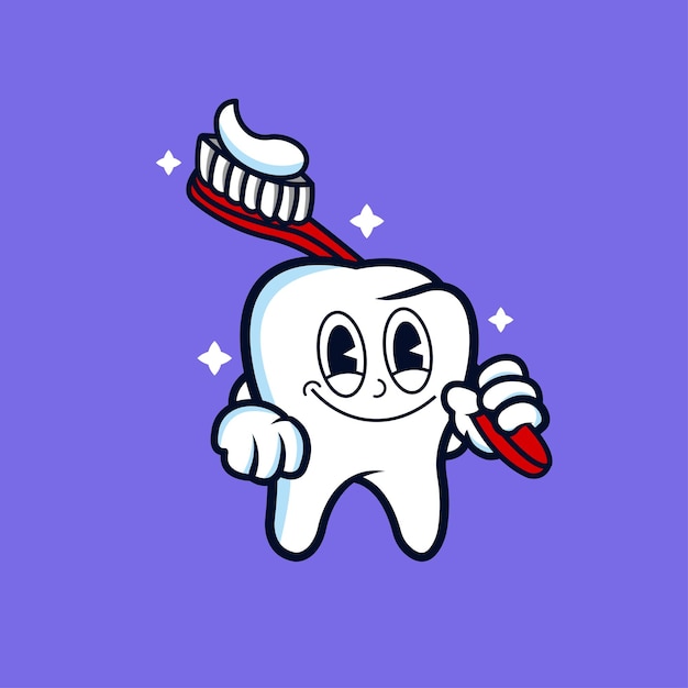 Cartoon tooth holding a toothbrush smiling