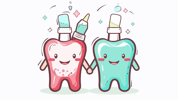 Vector cartoon tooth and mouthwash holding hands in color