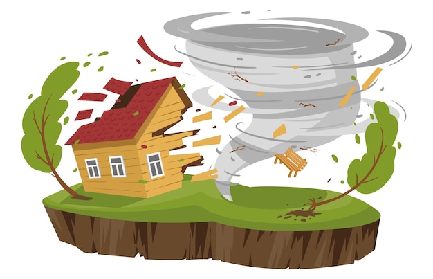 Cartoon tornado hurricane natural disaster Twisted storm catastrophe suburban house damage whirlwind cataclysm flat vector illustration on white background