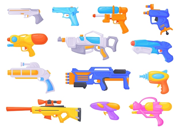 Cartoon toy guns Futuristic plastic weapon for children games water gun plasma blaster of space aliens laser ray pistol arms raygun kid hero equipment neat vector illustration