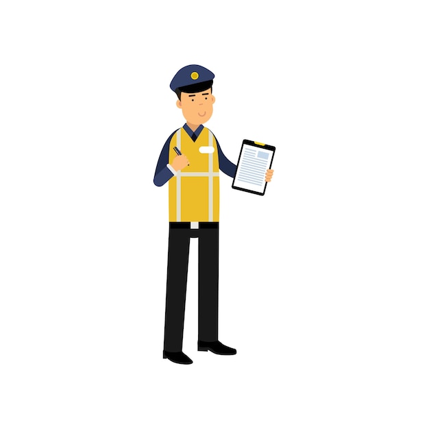 Cartoon traffic policeman standing and holding clipboard with form for police report. Dressed in safety reflective jacket, blue shirt and cap. Employee of police department. Flat vector illustration.