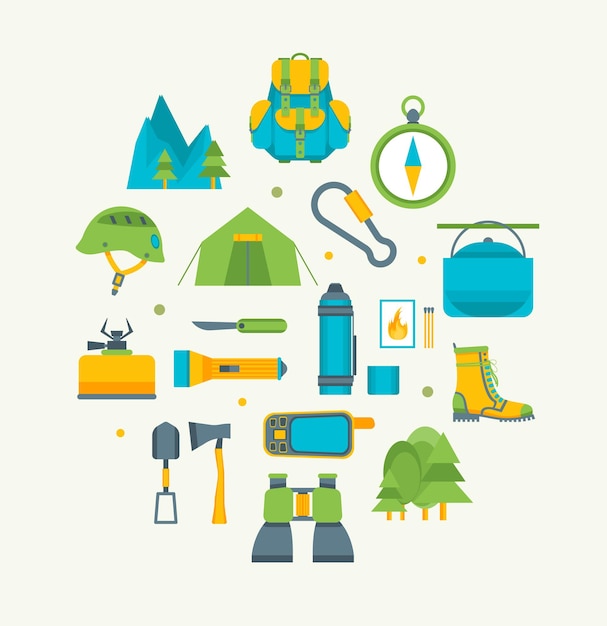 Cartoon Traveling Camping and Hiking Round Design Template Icons Set Flat Design Style Outdoor Summer Leisure.