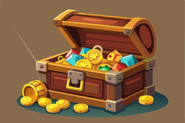 a cartoon of a treasure chest with gold coins and a gold coin in it