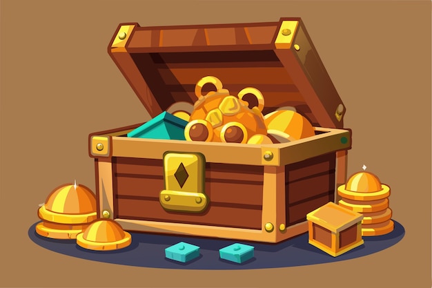 a cartoon of a treasure chest with gold coins and a gold coin