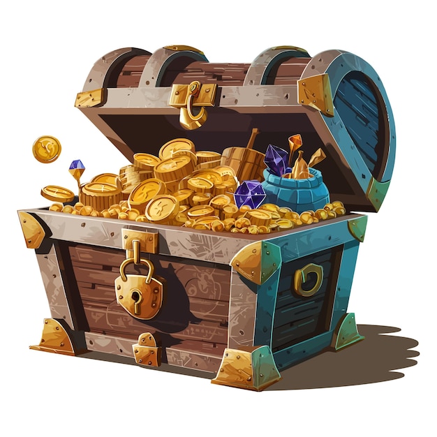 cartoon treasure chest with gold coins and jewels