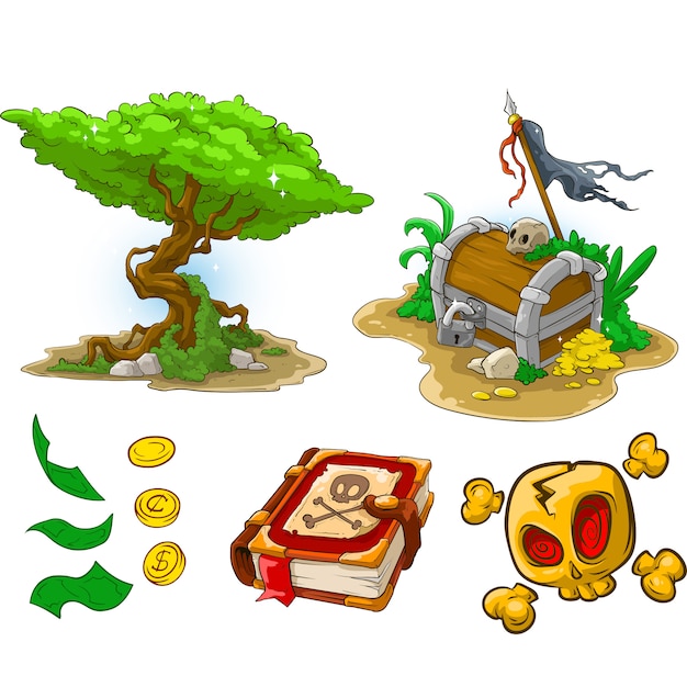 Vector cartoon tree pirate chest book money and skull