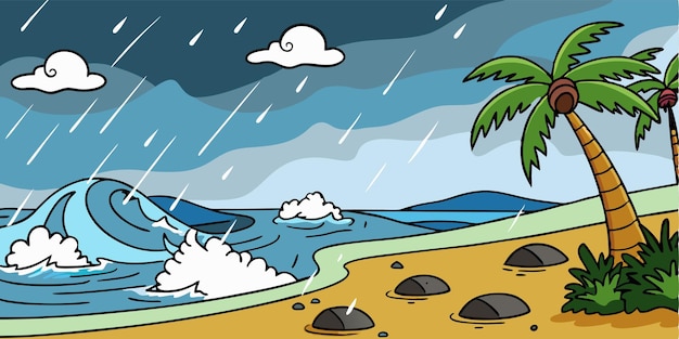 a cartoon of a tropical beach with a bird flying in the sky