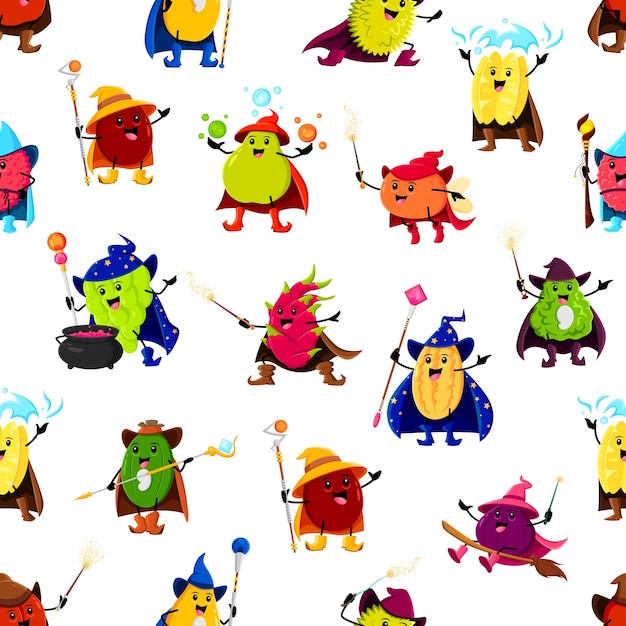 Cartoon tropical fruit mages wizards and warlocks