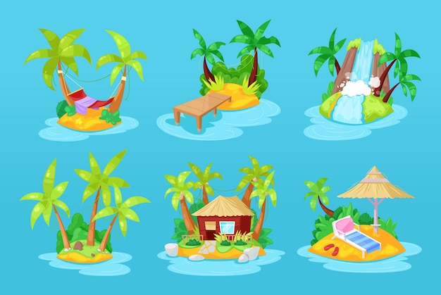 Vector cartoon tropical islands tropical hotels waterfalls hammocks in ocean with palm trees bungalow