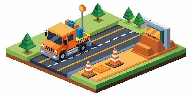 Vector a cartoon of a truck driving down a road with traffic cones