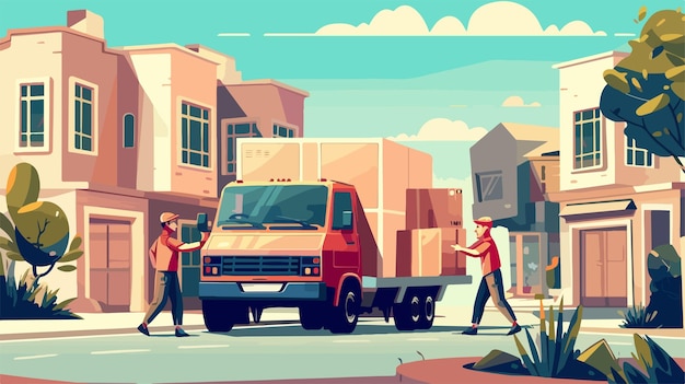 Vector a cartoon of a truck with a man in a red shirt is standing in front of a truck with a man in a red shirt