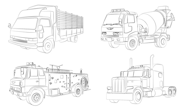 Cartoon trucks coloring page for kids