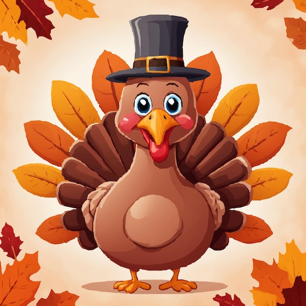 Cartoon of a turkey with a colorful background of autumn leaves