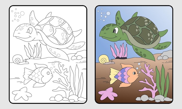 Cartoon turtle educational coloring book for children and elementary school vector illustration