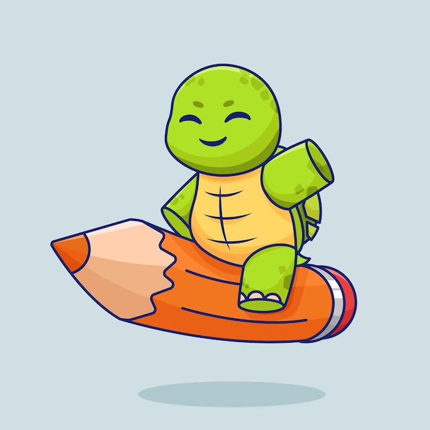 Vector cartoon turtle riding on school pencil vector illustration