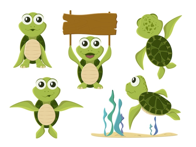 Cartoon  turtle in various action poses. Cartoon turtle. Cute tortoise wild animal characters isolated.