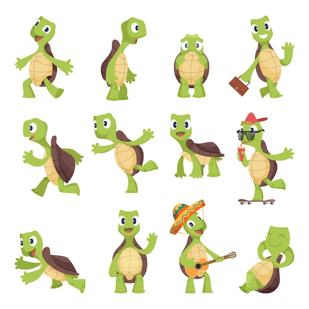 Cartoon turtles. Happy funny animals running tortoise collection